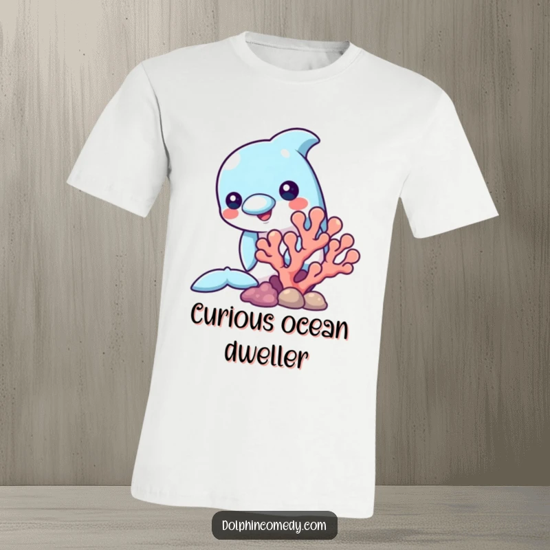 Funny t-shirt featuring a dolphin curiously peeking out from behind a vibrant coral formation, capturing a sense of playful discovery.