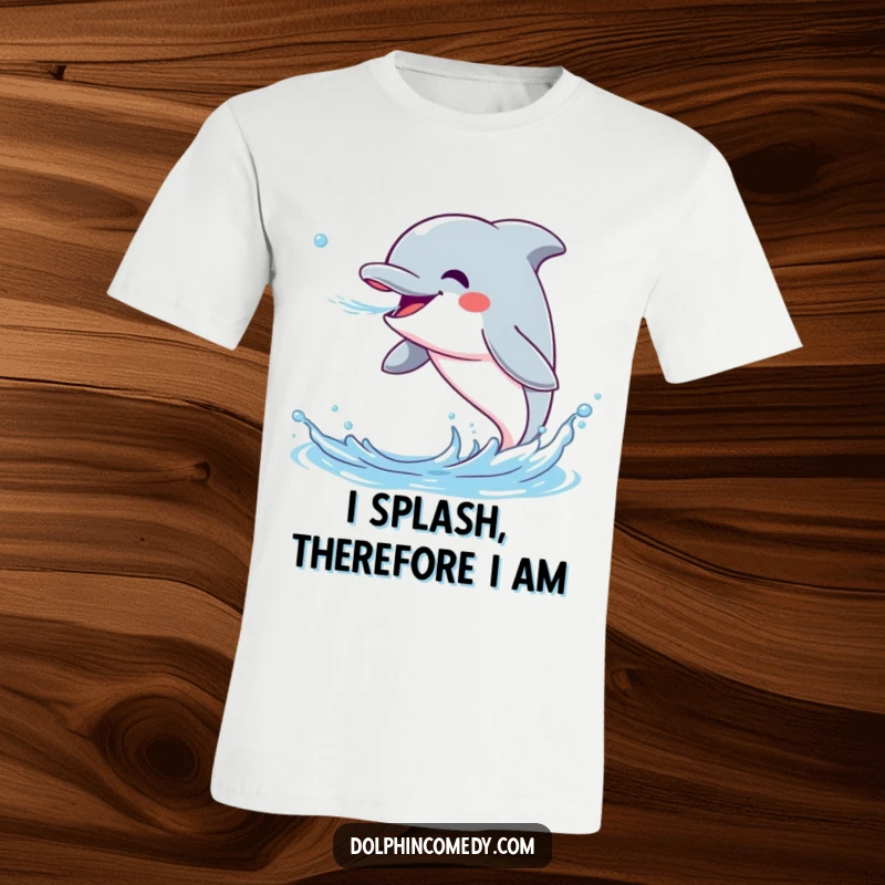 Funny Dolphin T-Shirt showcasing an excited dolphin mid-spray, a truly hilarious and energetic design for all.
