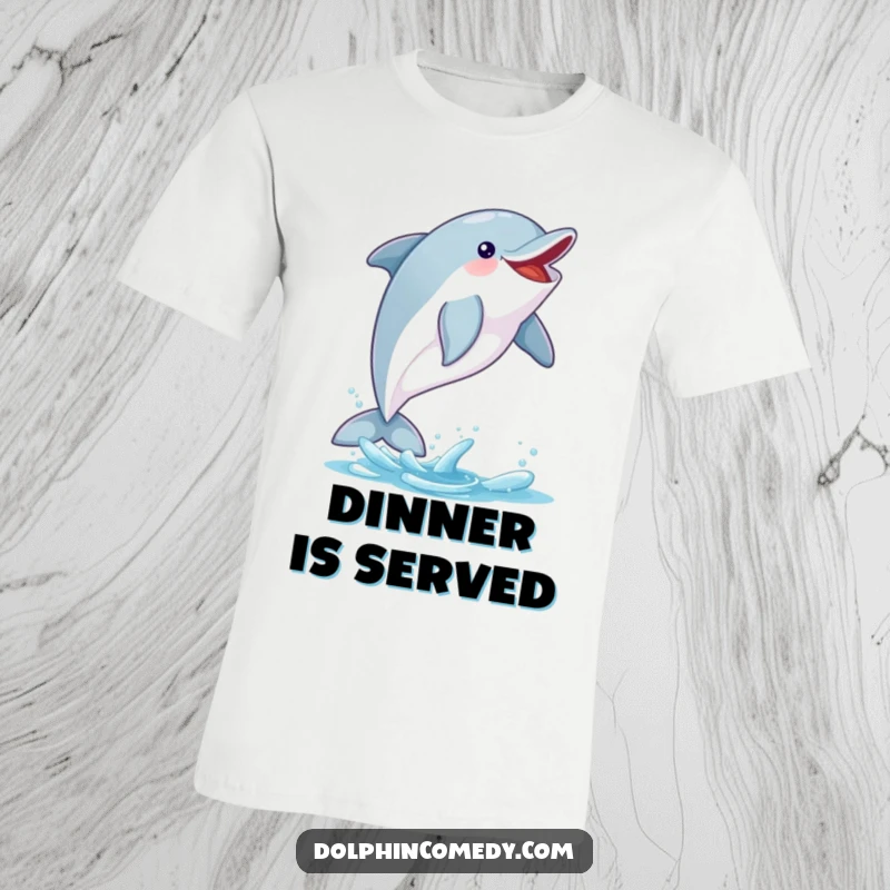 Funny Dolphin Cotton T-Shirt: An excited dolphin jumps high, catching a fish, a lively and funny gift for marine enthusiasts.