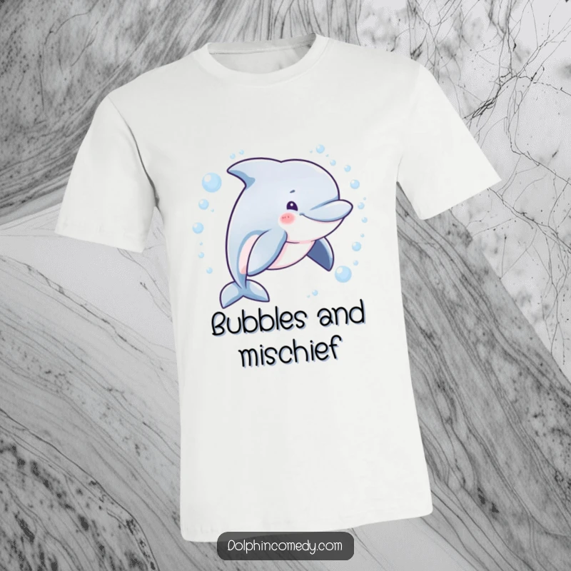 Funny graphic t-shirt depicting a dolphin with a mischievous grin swimming in a circle surrounded by playful bubbles.