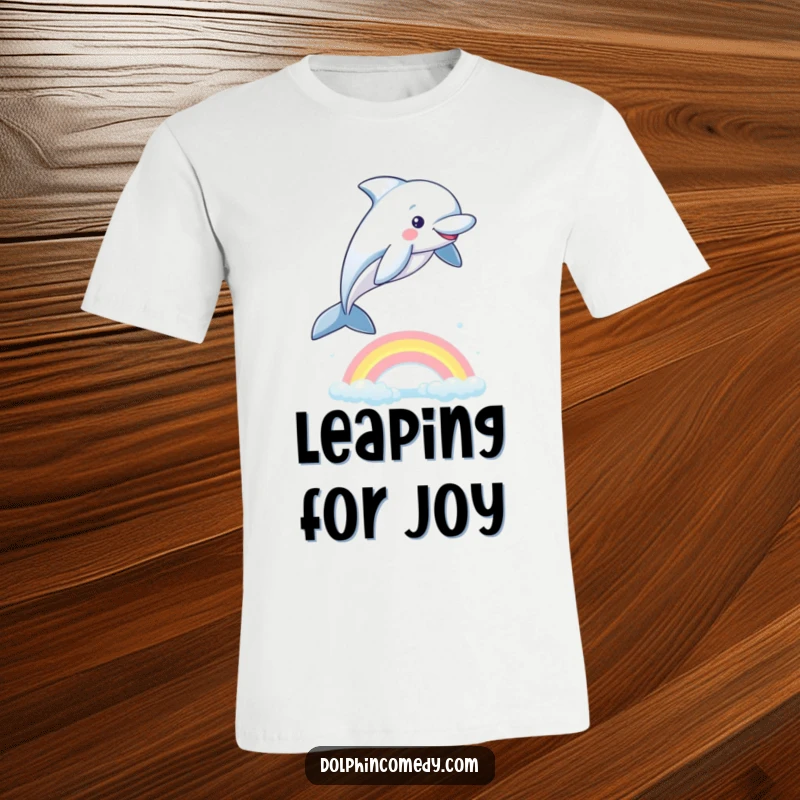 Funny Dolphin T-Shirt: A playful dolphin leaping energetically over a vibrant, shimmering rainbow, full of ocean fun.