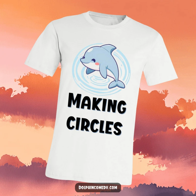 Funny playful dolphin t-shirt designed with a dolphin swimming in a circle, creating gentle, expanding water ripples.