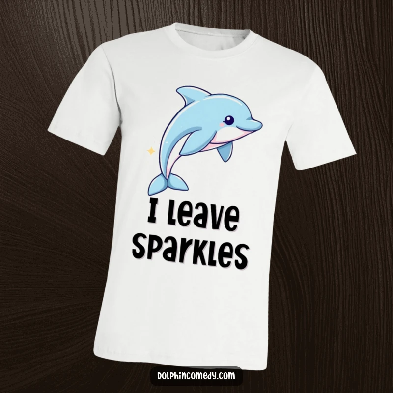 Funny T-Shirt: A dolphin swims with a vibrant, sparkling trail, depicted in a whimsical and humorous design.