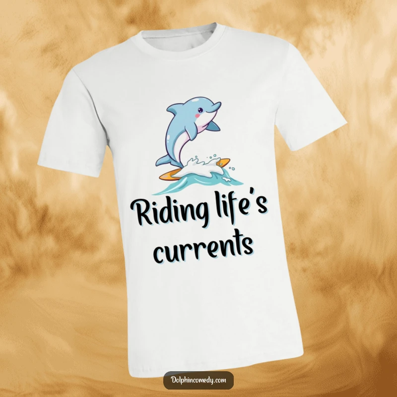 Funny Dolphin T-Shirt depicting a dolphin joyfully surfing on a small, friendly wave, perfect for beach lovers.