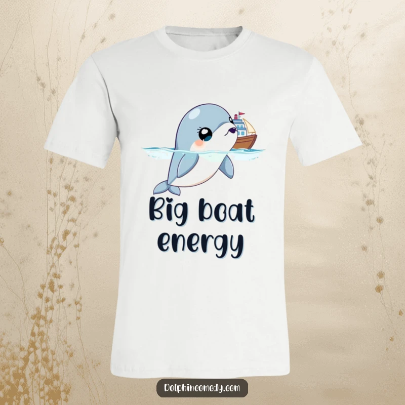 Funny t-shirt with a surprised dolphin, wide eyes fixed on a passing ship, capturing a moment of oceanic astonishment.