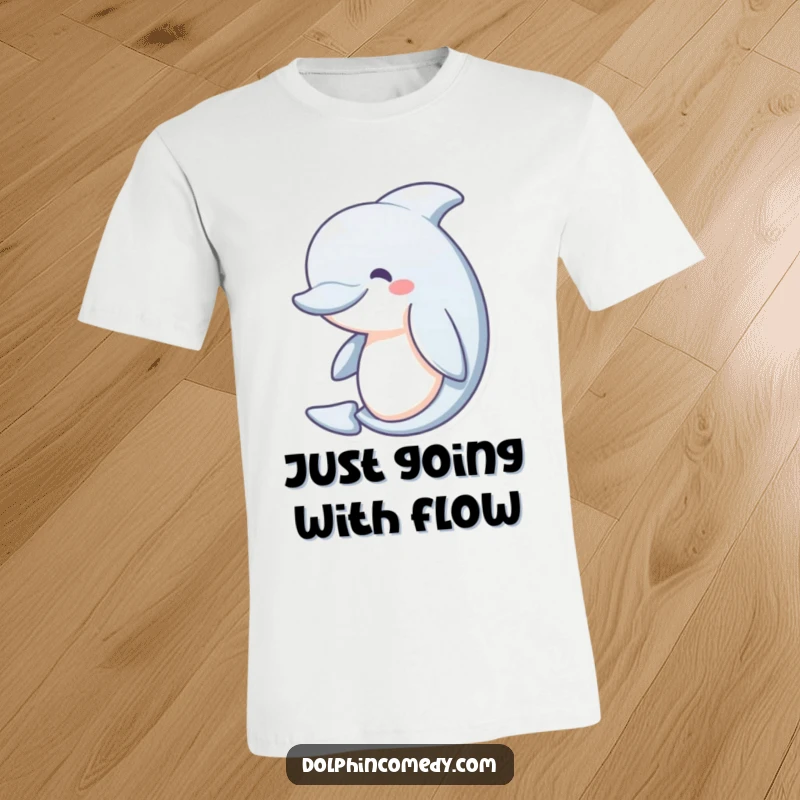Funny T-Shirt: A happy dolphin with a gentle curve, exuding serenity and peacefulness. Great humorous apparel for ocean enthusiasts.