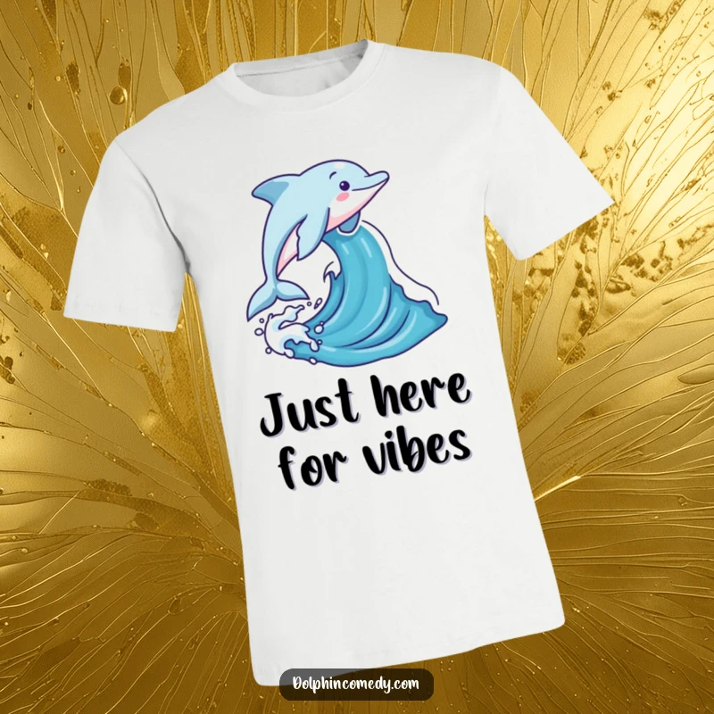 Funny dolphin leaping joyfully out of a stylized ocean wave, printed on a t-shirt, conveying pure aquatic celebration.