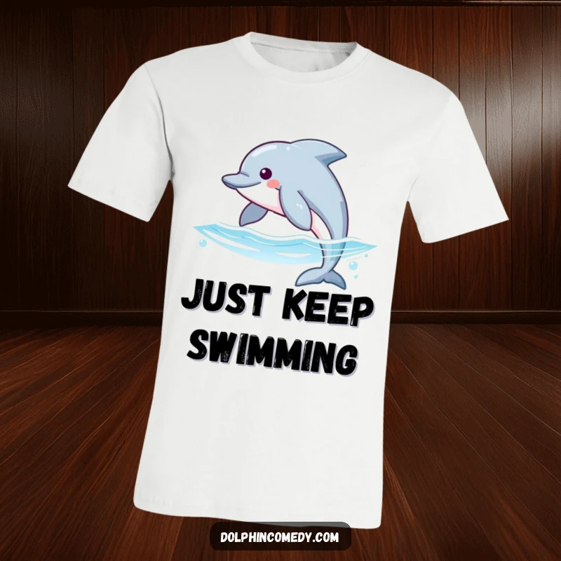 Funny t-shirt showcasing a dolphin with streamlined fins in a dynamic, gliding motion through blue ocean waves, perfect for sea lovers.