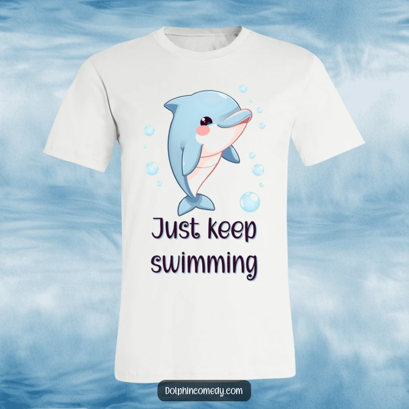 Funny dolphin t-shirt featuring a joyful dolphin with a playful look, playfully chasing a trail of effervescent bubbles underwater.