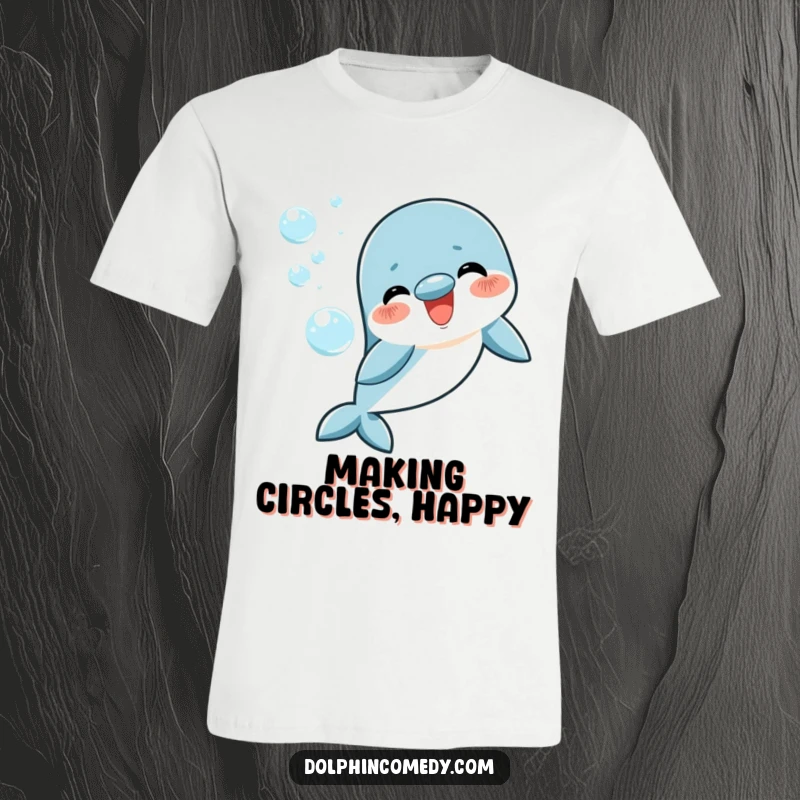 Funny happy dolphin t-shirt, blowing intricate bubble rings, joyful ocean vibes, unique and humorous apparel.