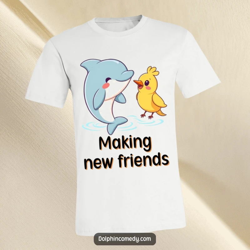Funny Dolphin T-Shirt: A smiling dolphin surfacing to greet a bird, highlighting ocean and sky connection with humor.