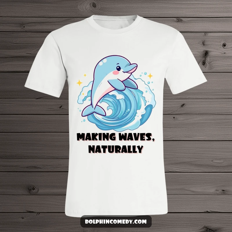 Funny joyful dolphin t-shirt depicting a happy dolphin leaping high through a shimmering, sparkling ocean wave.