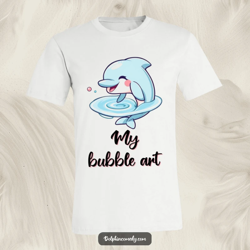 Funny Dolphin T-Shirt with a big, playful grin blowing a perfect water ring, showcasing ocean humor and personality.