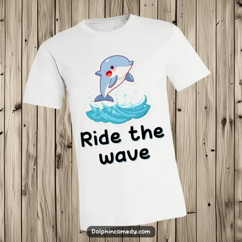Funny Dolphin T-Shirt: A happy dolphin mid-leap from a cresting wave, symbolizing freedom and fun, ideal for a funny gift.