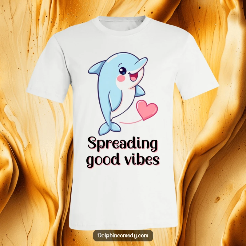 Funny cheerful dolphin with a heart shape trailing behind it, printed on a t-shirt, conveying love and joy.