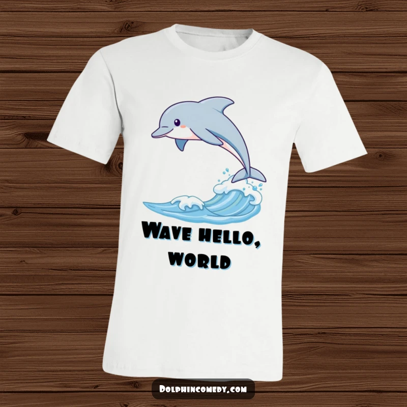 Funny t-shirt with a sleek dolphin captured mid-leap over a gentle wave, conveying dynamism and aquatic beauty.