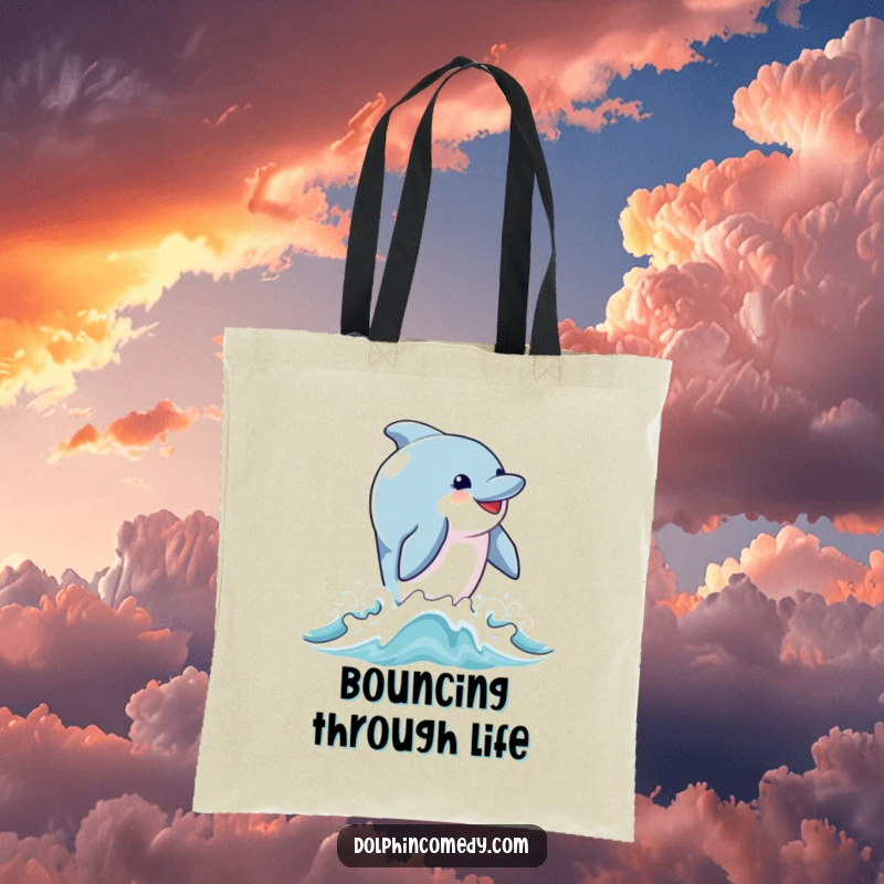Funny tote bag depicting a dolphin with a gleeful expression, breaching dynamically from ocean waves, symbolizing happiness and freedom.