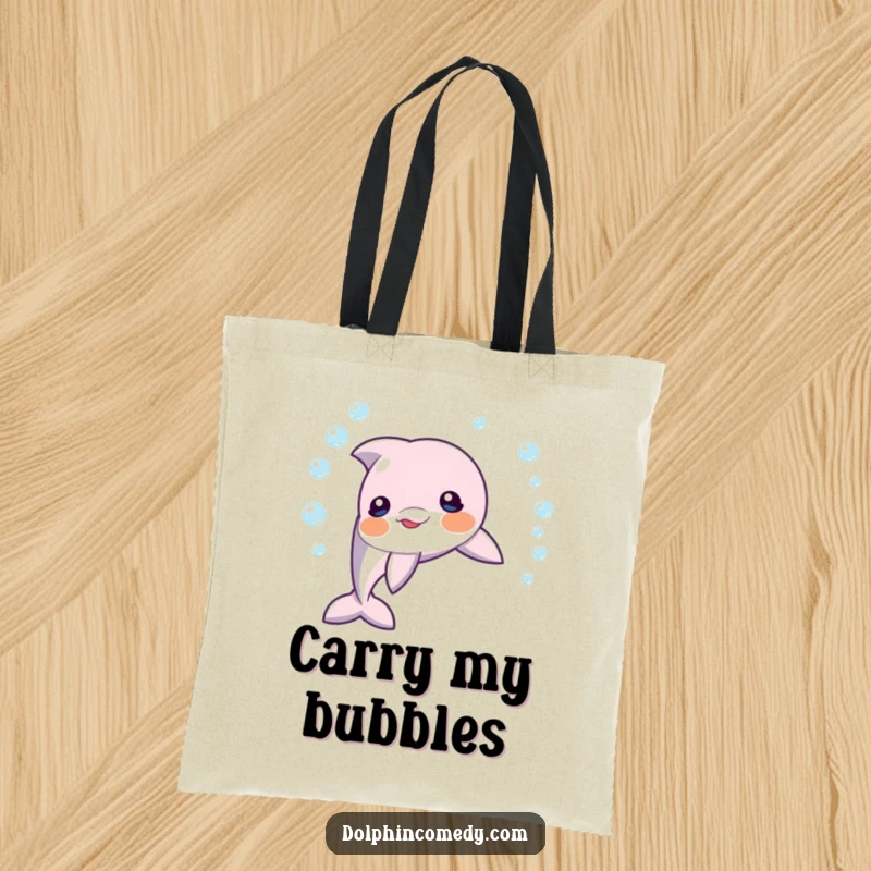 Funny dolphin creating a perfect ring of bubbles underwater, a humorous and stylish tote bag for carrying daily items.