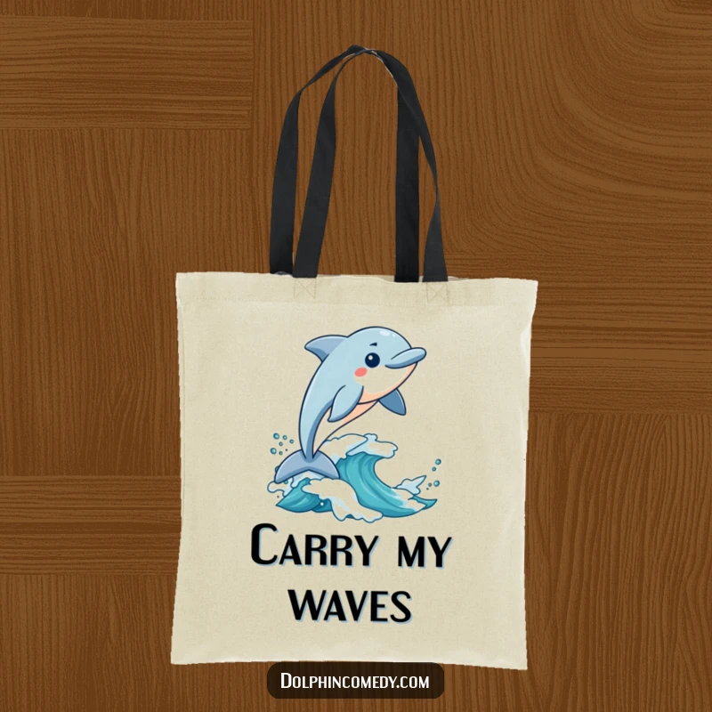 Funny Tote Bag: A dolphin rides a wave with excitement, making this a humorous and practical bag for beach days.