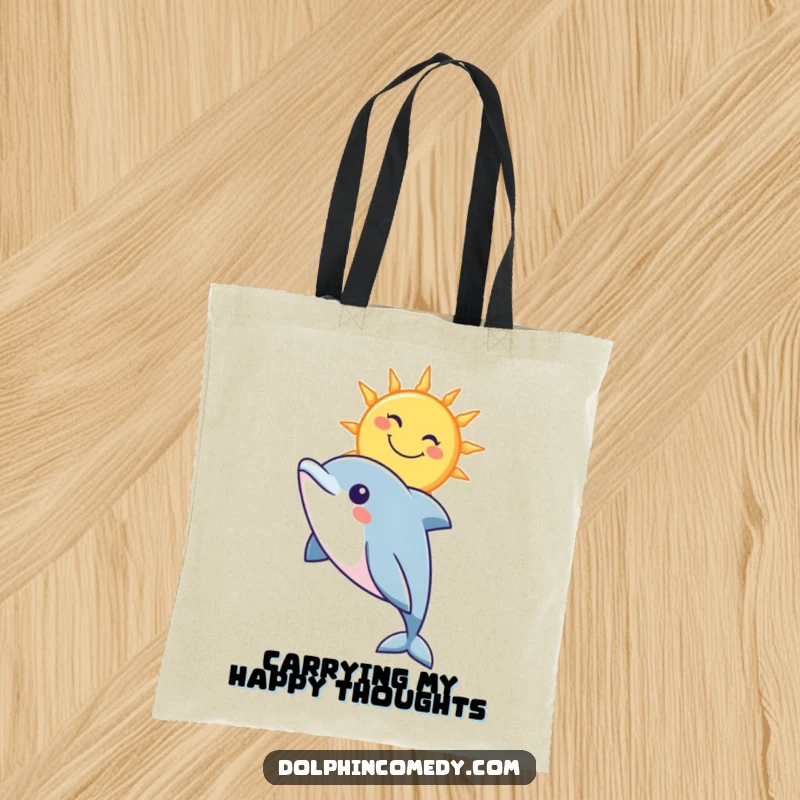 Funny tote bag showcasing a curious dolphin looking up at a stylized, smiling sun, ideal for beach trips.