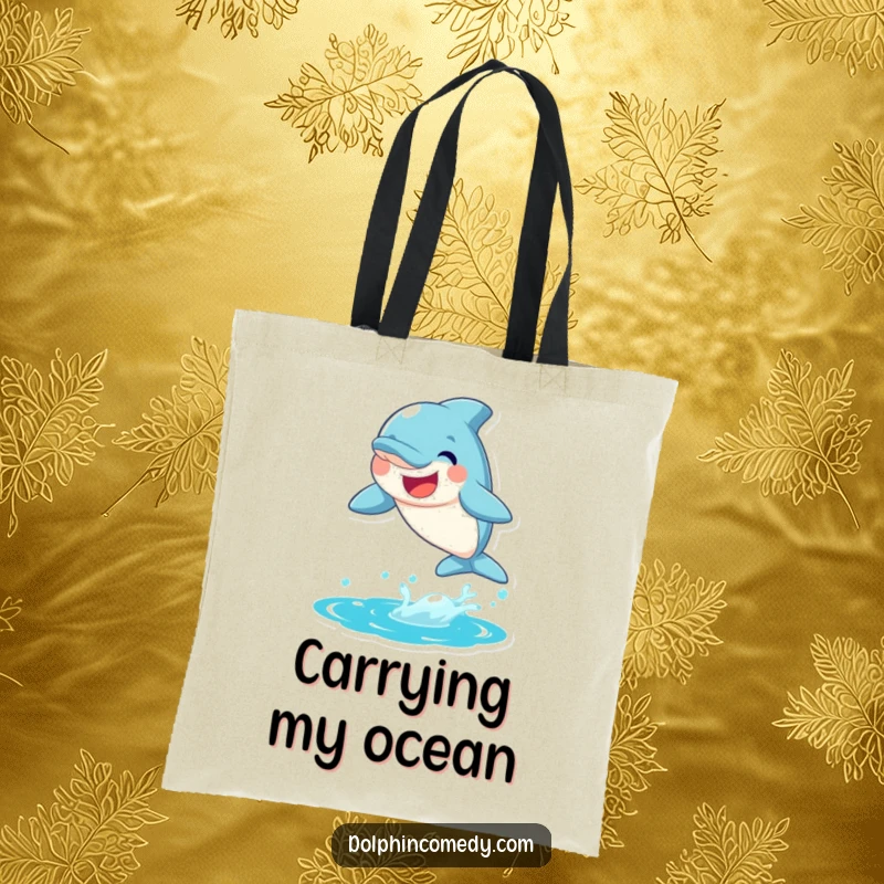 Funny Dolphin Tote Bag showing a joyful dolphin leaping from water with a big smile, great for beach trips.