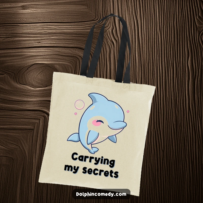 Mischievous Dolphin Tote Bag showing a winking dolphin blowing a bubble, a fun and practical accessory.
