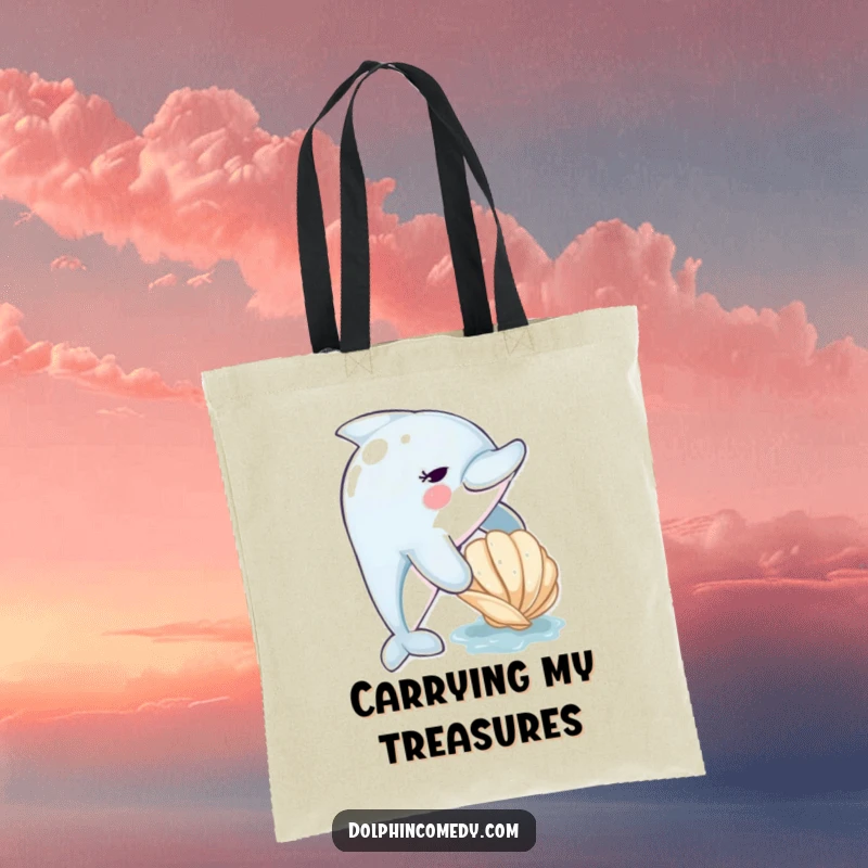 Funny dolphin tote bag with a cute dolphin nudging a seashell, illustrating a sweet interaction with marine life.