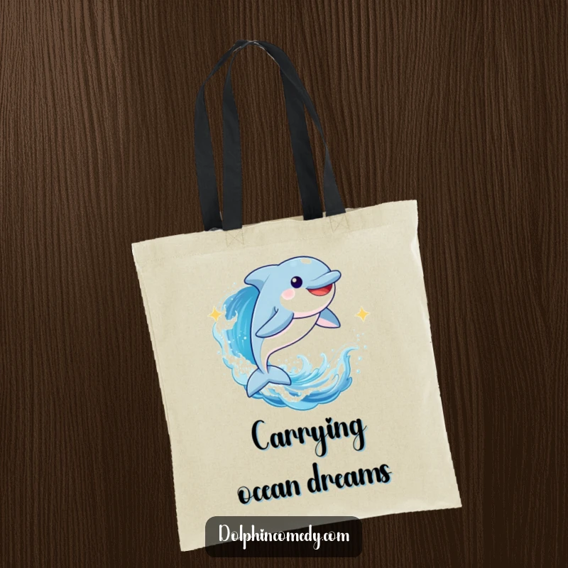 Funny Dolphin Tote Bag: A joyful dolphin character leaping through a sparkling wave, a fun and functional beach accessory.