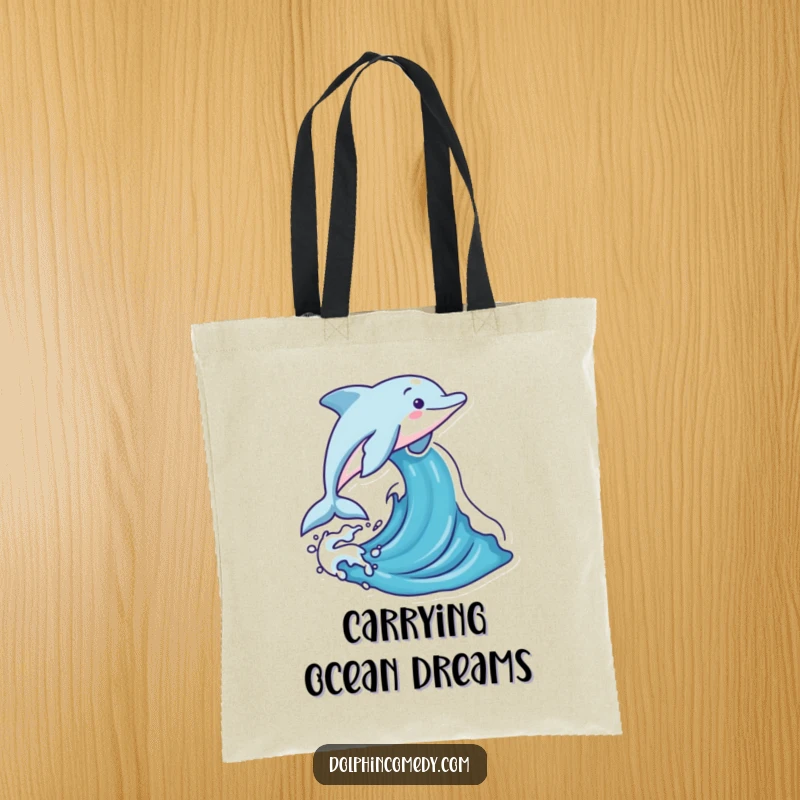 Funny dolphin leaping joyfully out of a stylized ocean wave, printed on a durable tote bag for stylish, fun carrying.