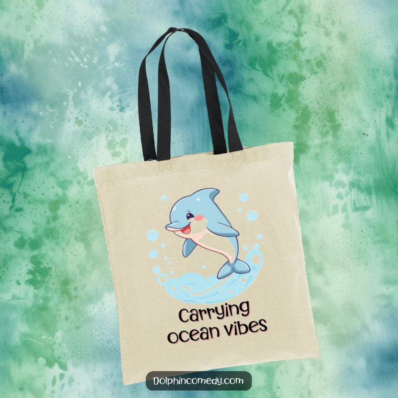 Funny dolphin tote bag, smiling and leaping through a ring of bubbles, a hilarious symbol of ocean wonder, excellent funny gift.