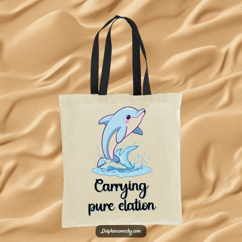 Funny tote bag designed with a dolphin joyfully breaching the water, symbolizing freedom and boundless spirits.
