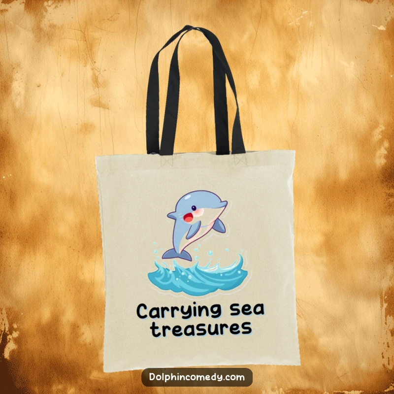 Funny Dolphin Tote Bag: A joyful dolphin leaping from a wave, functional and full of oceanic charm, a funny gift.