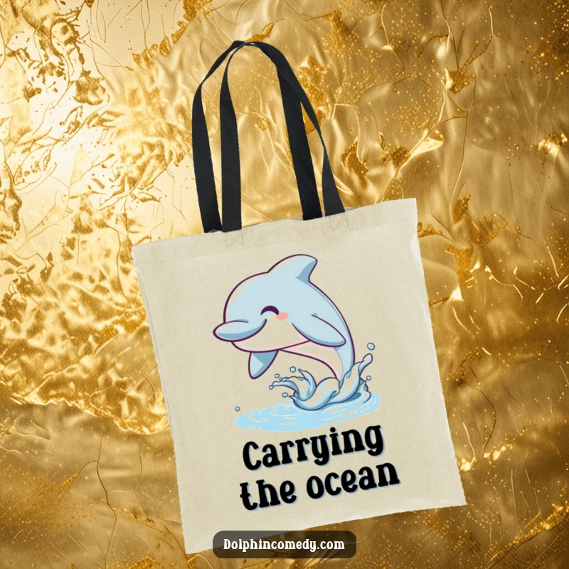 Funny Dolphin Tote Bag illustrating a happy marine animal with a wide smile leaping from the water, perfect for beach lovers.
