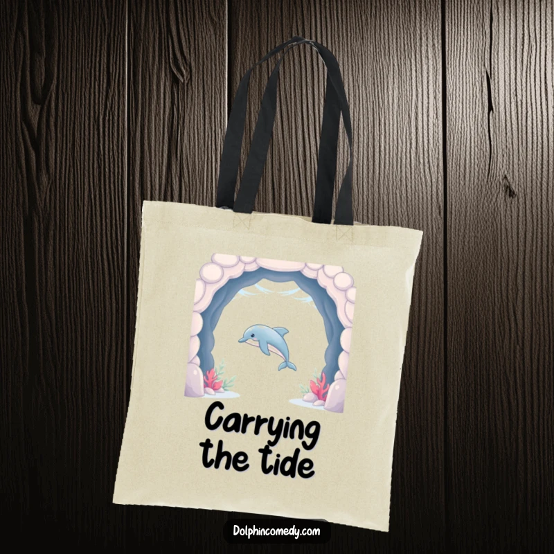 Funny Dolphin Tote Bag featuring a sleek dolphin swimming through an underwater archway, a stylish and humorous accessory.