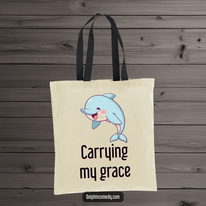 Funny tote bag featuring a cheerful dolphin swimming in a graceful arc, ideal for carrying essentials with style.