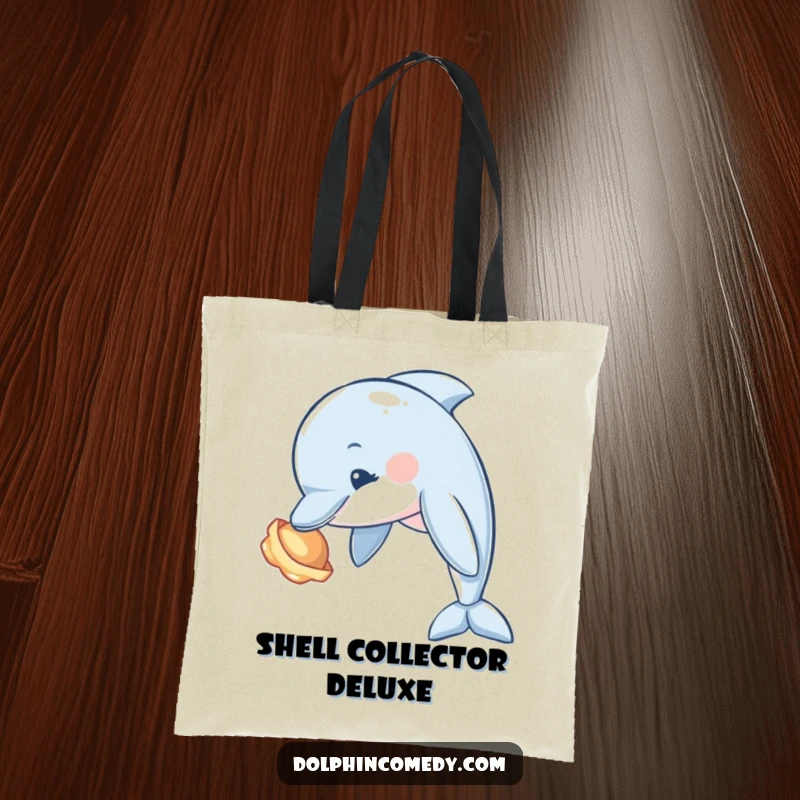 Funny Dolphin Tote Bag with a curious dolphin tilting its head to examine a shiny seashell, perfect for carrying essentials.