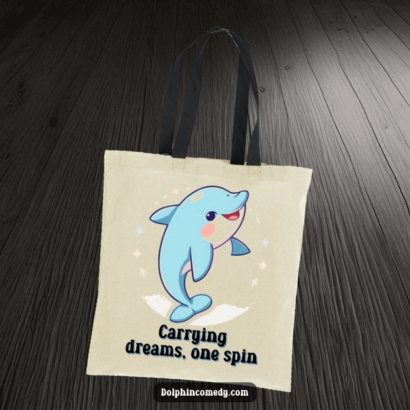 Funny tote bag featuring a joyful dolphin mid-spin, perfect for carrying essentials with a dose of oceanic humor.