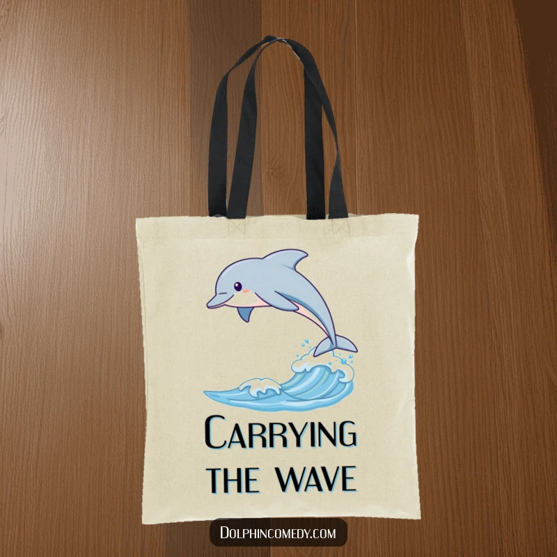 Funny tote bag with a sleek dolphin leaping over a gentle wave, embodying grace and oceanic movement.