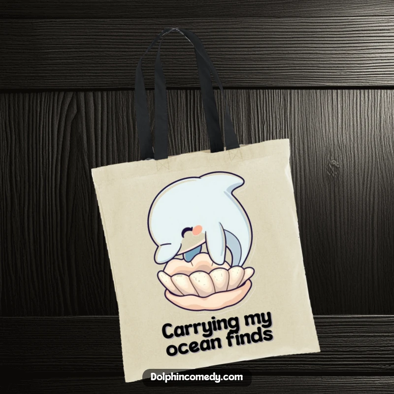Funny Dolphin Tote Bag: Dolphin curiously nudges a seashell, a cute and humorous accessory for carrying essentials.