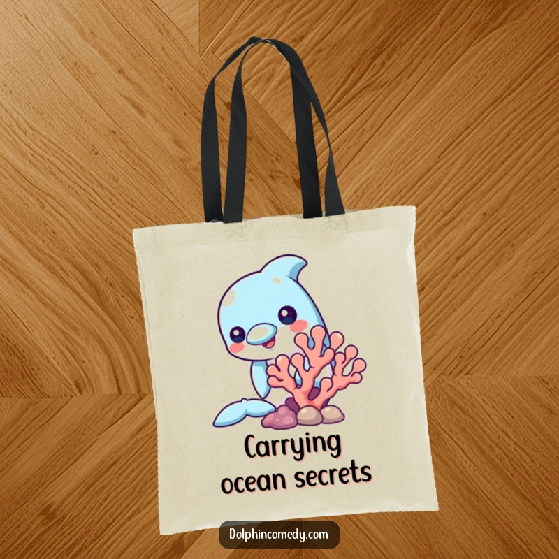 Funny tote bag featuring a dolphin curiously peeking from behind a coral formation, perfect for carrying essentials with ocean flair.