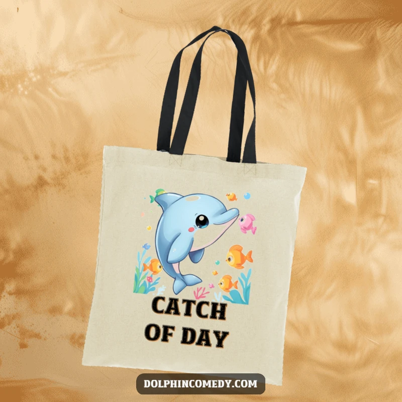 Funny Dolphin Tote Bag of a curious dolphin with wide eyes watching fish, perfect for carrying items with humorous wonder and marine appreciation.