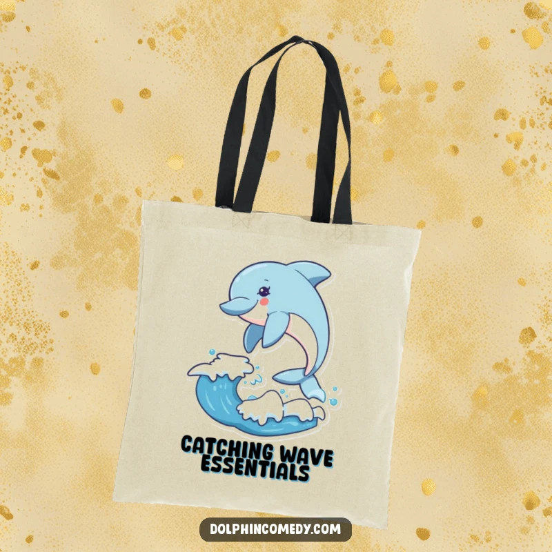 Funny dolphin tote bag showing an excited dolphin leaping over an ocean wave, perfect for carrying your gear.