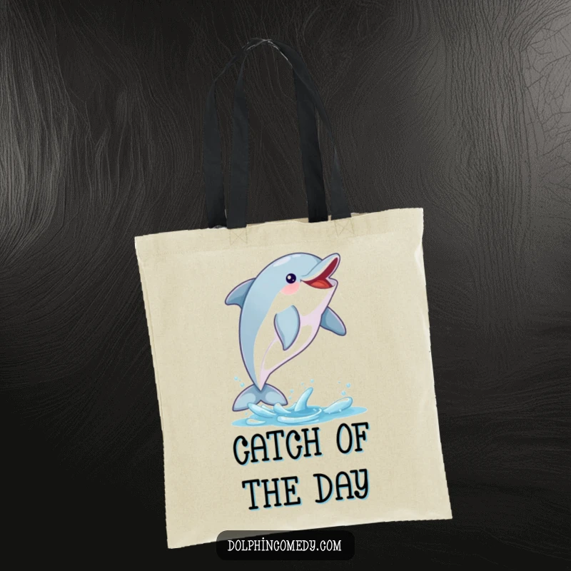 Funny Dolphin Canvas Tote Bag: An excited dolphin leaps catching a shimmering fish, a vibrant and funny gift for shoppers.