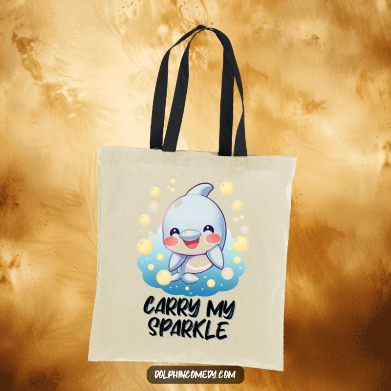 Funny Tote Bag: A smiling dolphin surrounded by glowing bubbles. Humorous and practical accessory for carrying joy.