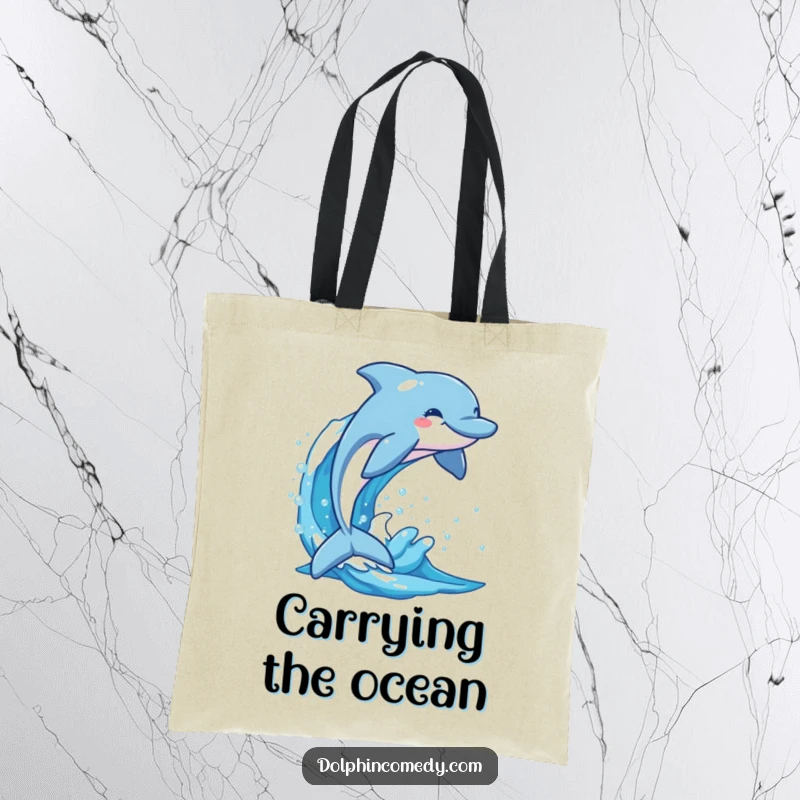 Funny dolphin erupting from a shimmering blue wave, a humorous and stylish tote bag for carrying everyday essentials.