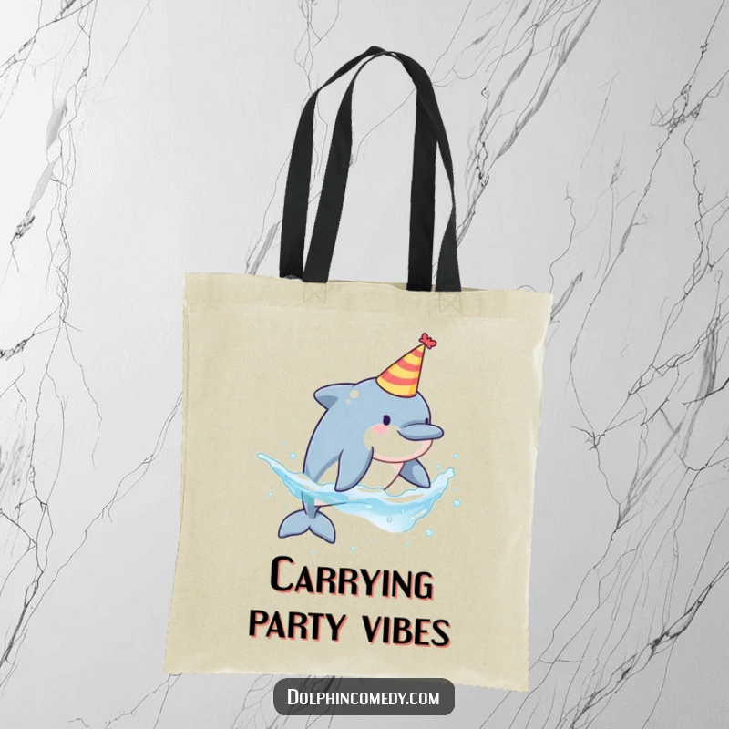 Funny tote bag showcasing a dolphin in a party hat, playfully splashing water, perfect for shopping trips.