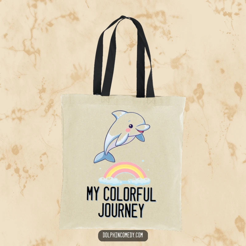 Funny Dolphin Tote Bag: A playful dolphin leaping over a rainbow, a stylish and humorous accessory for ocean lovers.