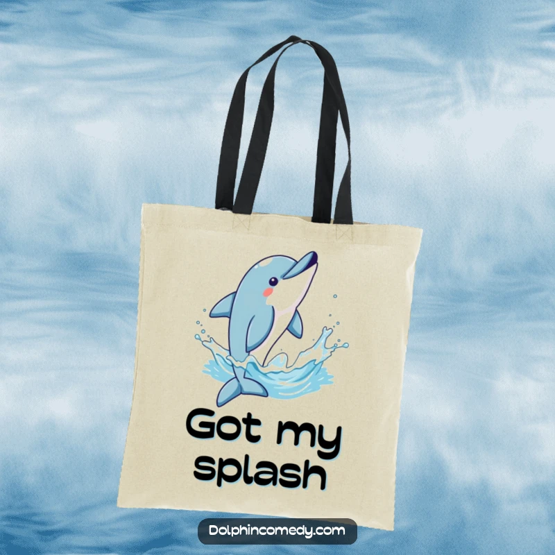Funny canvas tote bag illustrating a dolphin's triumphant flip and water splash, ideal for daily use and beach trips.