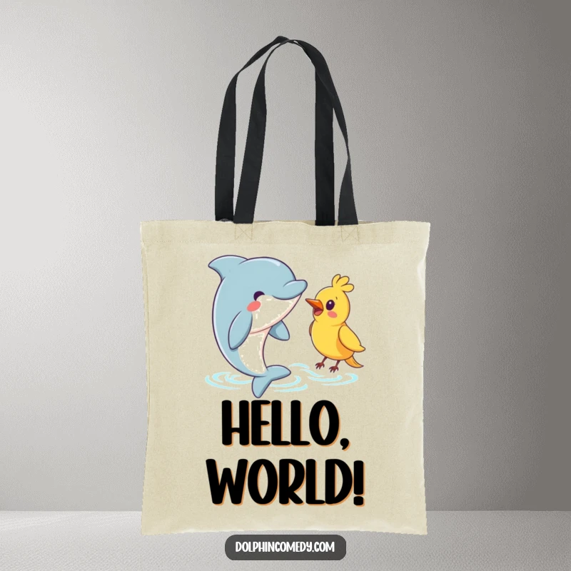 Funny Dolphin Tote Bag: A dolphin warmly greeting a bird, a charming and humorous accessory for ocean and sky lovers.