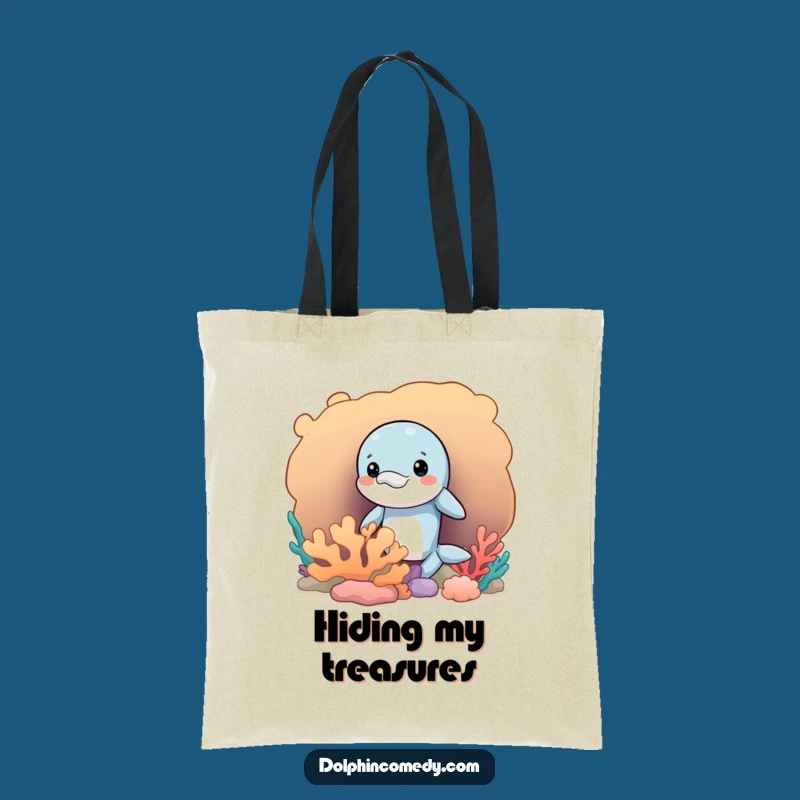 Funny Mischievous Dolphin Tote Bag, Peeking Coral Design, Carry Your Secrets